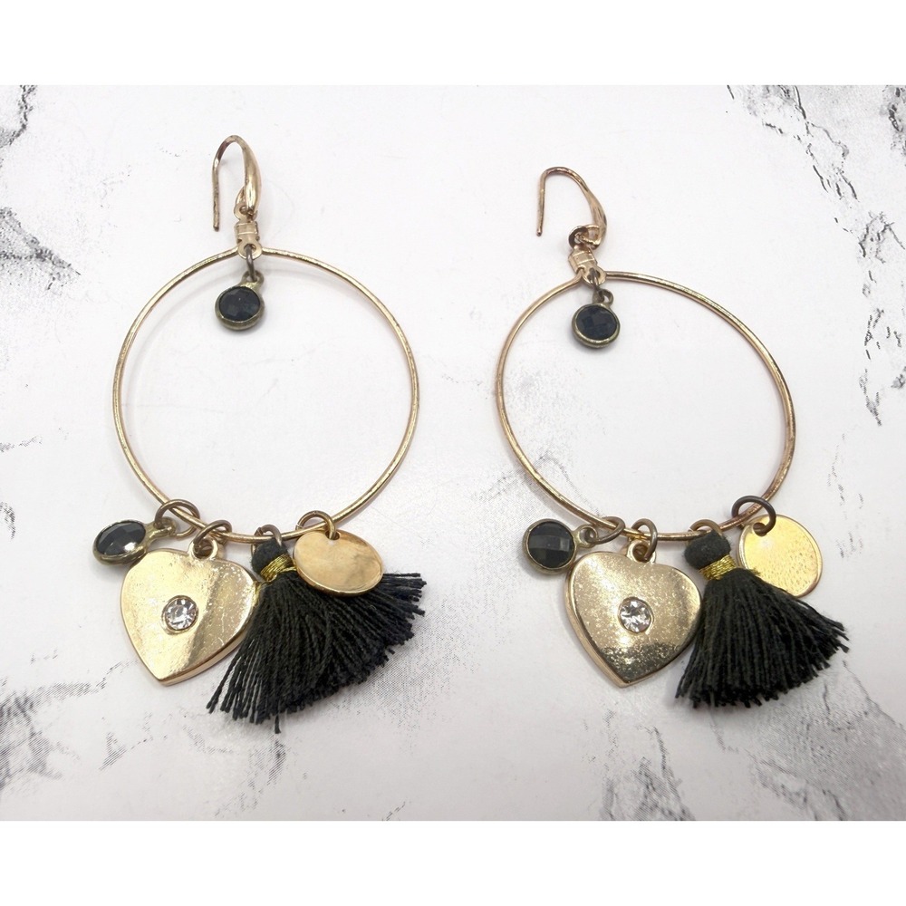Gold Hoop Tassel Earrings Black Glass Beads Heart Charm 3"โ Dangle